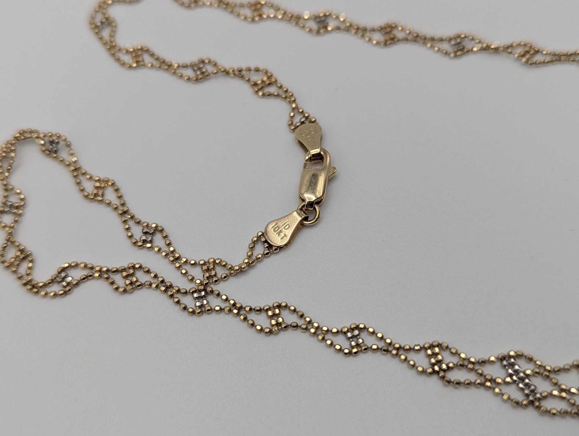 10k Gold White Yellow Mesh Bead Necklace 17.5 " Accent Bib Chain