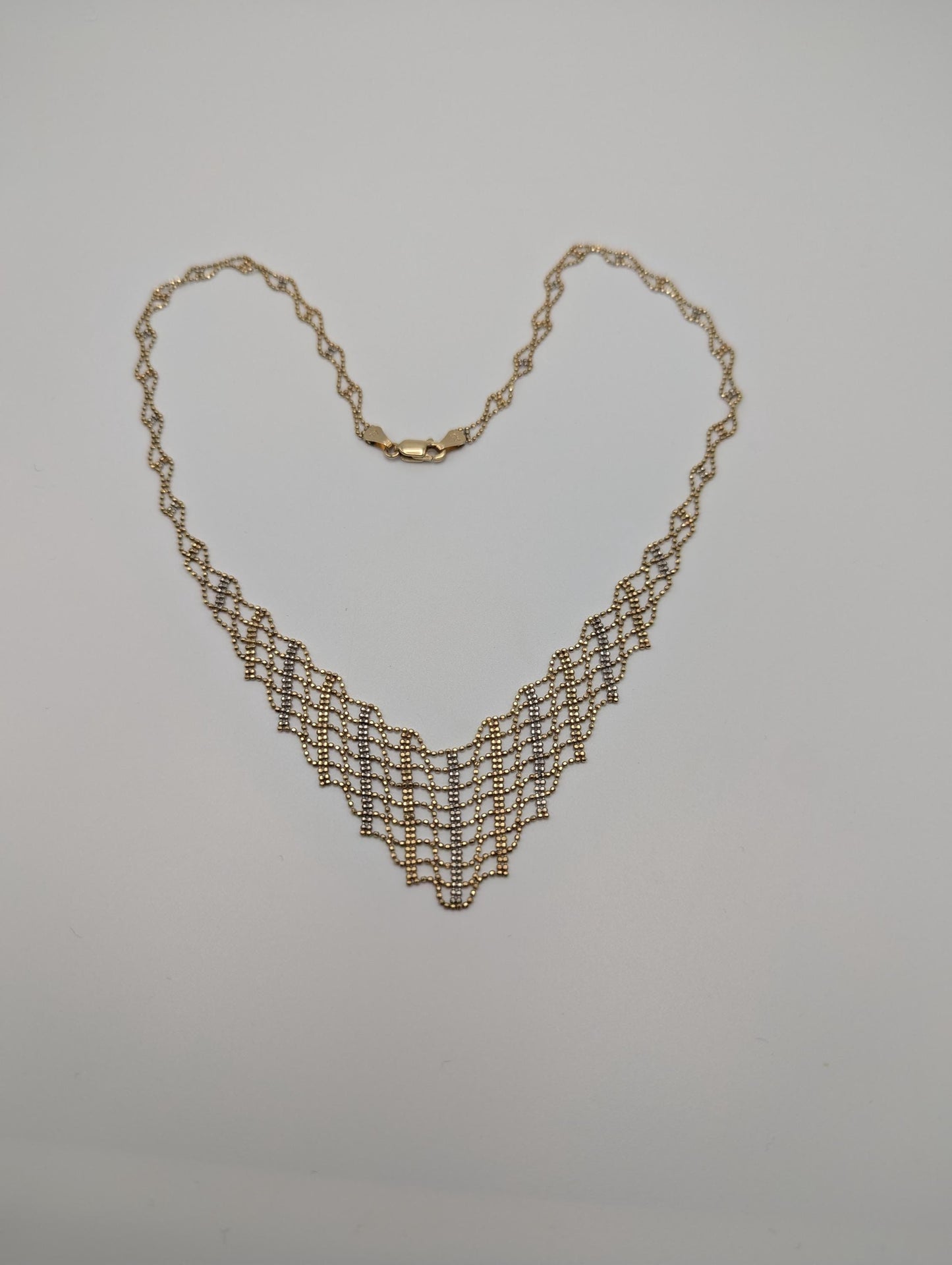 10k Gold White Yellow Mesh Bead Necklace 17.5 " Accent Bib Chain