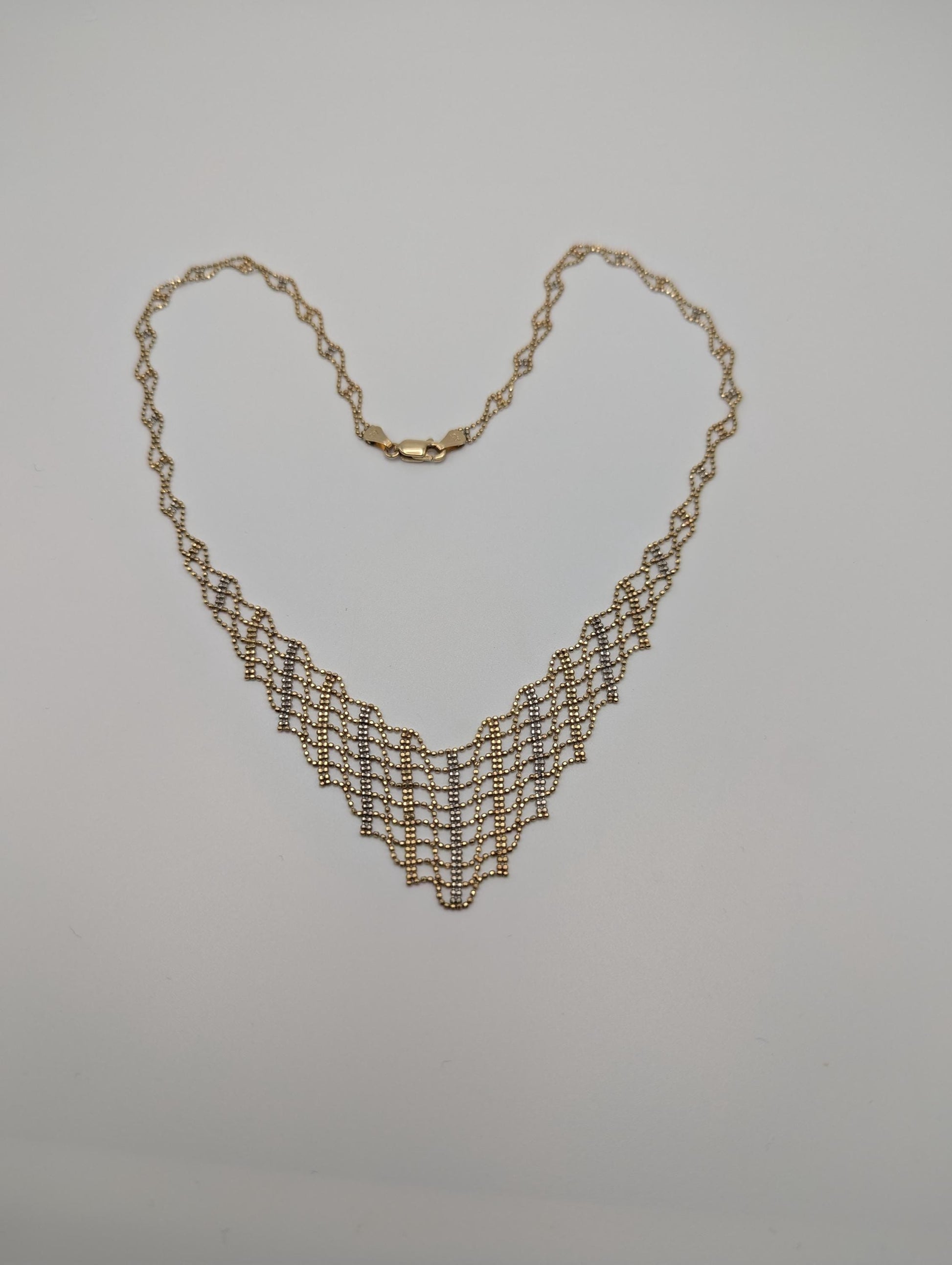 10k Gold White Yellow Mesh Bead Necklace 17.5 " Accent Bib Chain
