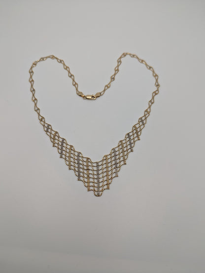 10k Gold White Yellow Mesh Bead Necklace 17.5 " Accent Bib Chain
