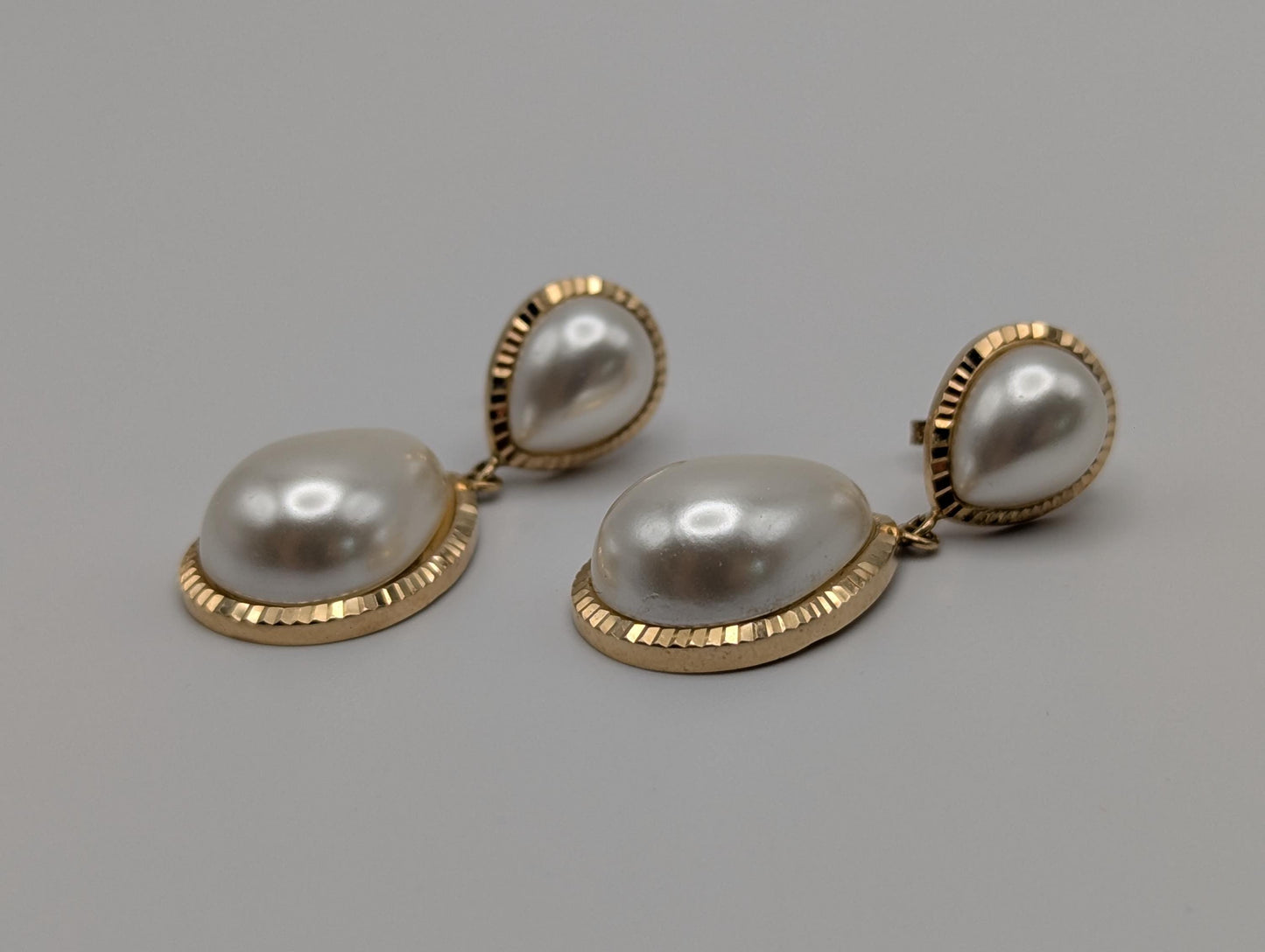 14k Yellow Gold Pear Mabe Pearl Dangle Earrings Pearl Tear Drop Earrings.