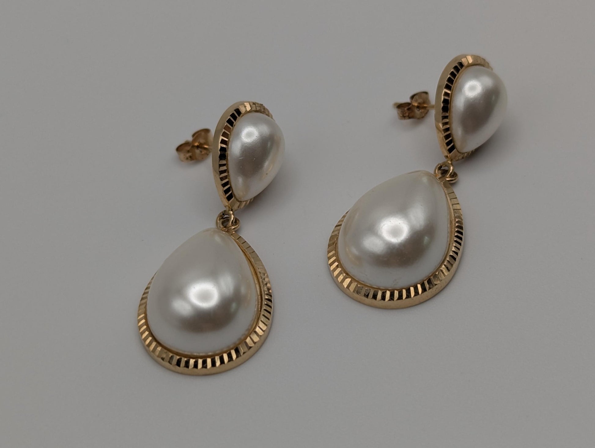 14k Yellow Gold Pear Mabe Pearl Dangle Earrings Pearl Tear Drop Earrings.