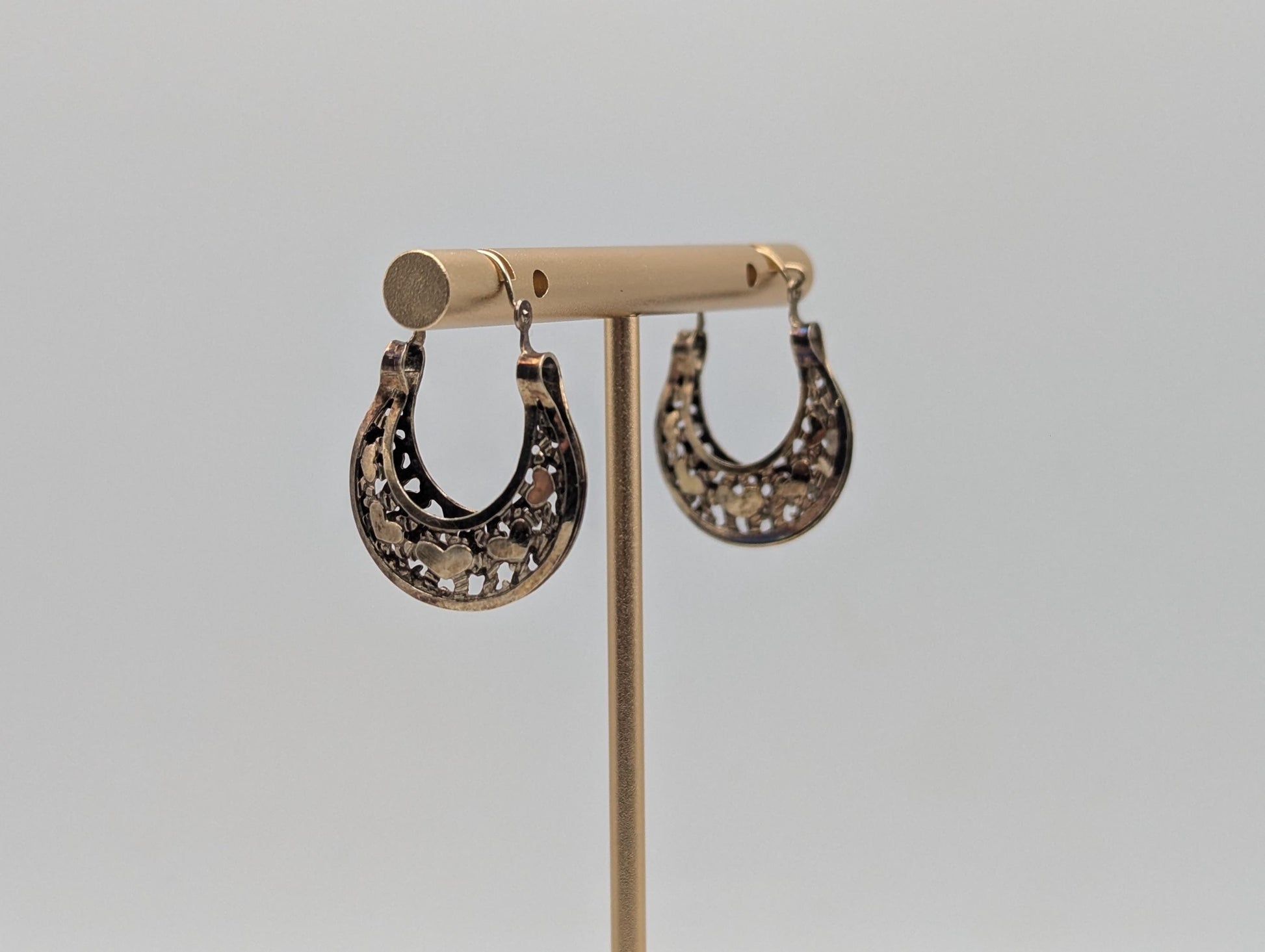 14k Yellow Gold Filigree Heart Love Hoop Earrings Gold Basket Earrings