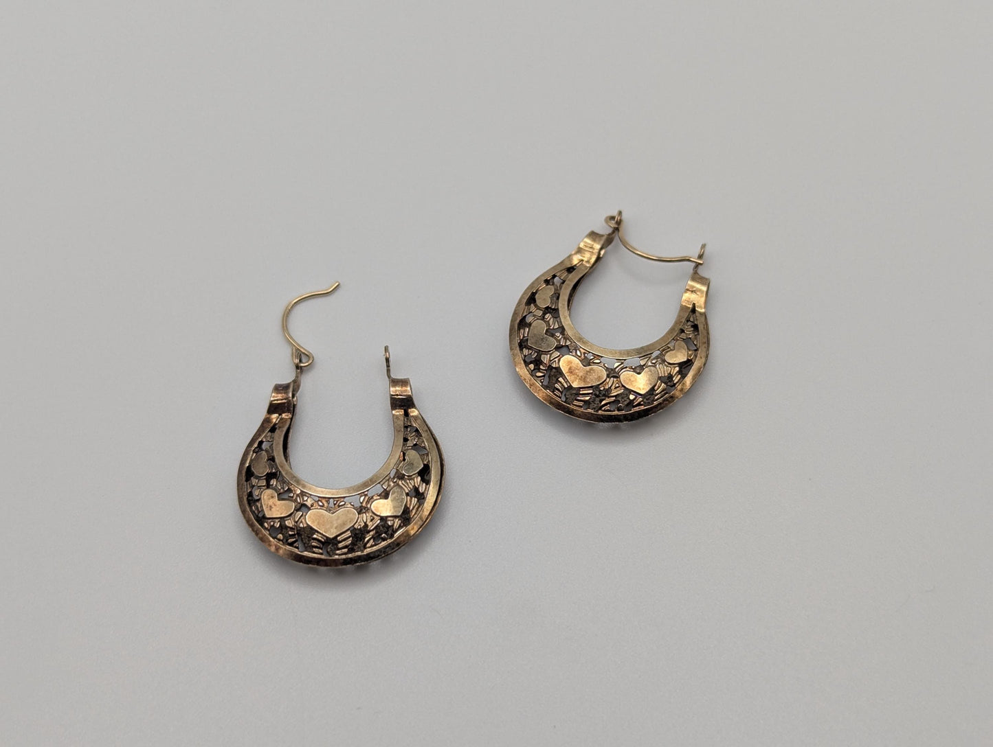 14k Yellow Gold Filigree Heart Love Hoop Earrings Gold Basket Earrings