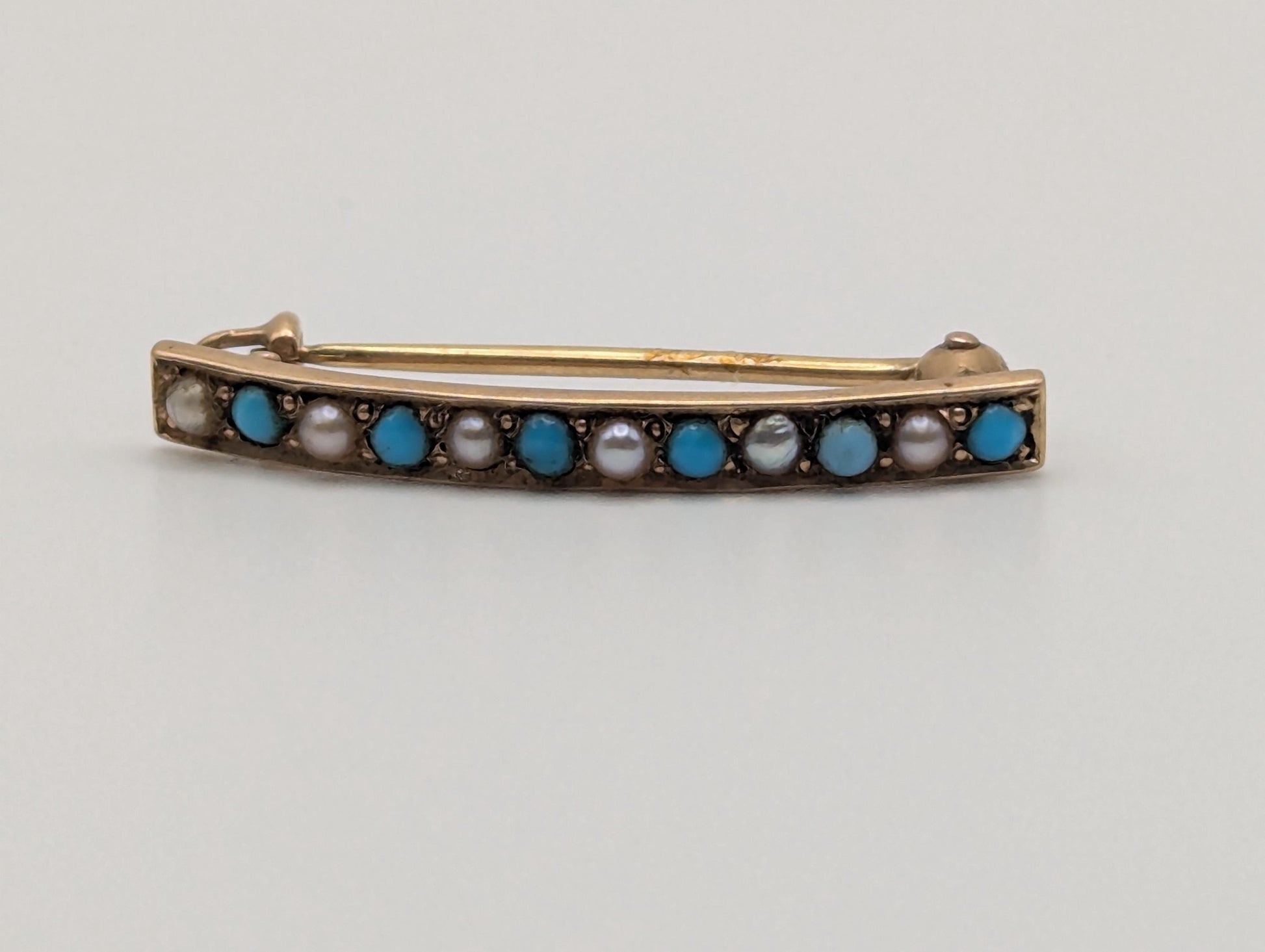 14k Yellow Gold Vintage Turquoise Seed Pearl Brooch Pin