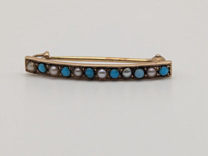 14k Yellow Gold Vintage Turquoise Seed Pearl Brooch Pin