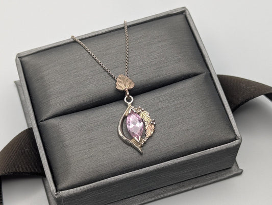 10k 12k Black Hills Gold Sterling Silver Pink Topaz w Gold Vine Pendant Necklace Chain