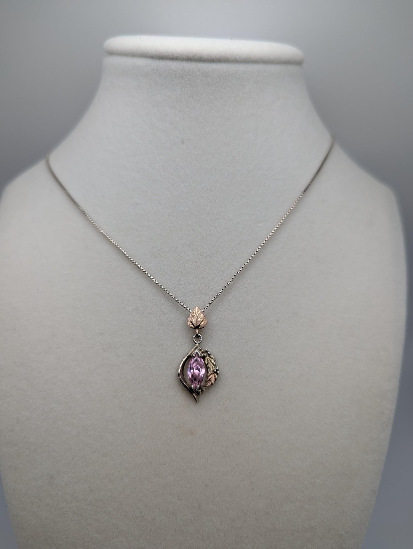 10k 12k Black Hills Gold Sterling Silver Pink Topaz w Gold Vine Pendant Necklace Chain