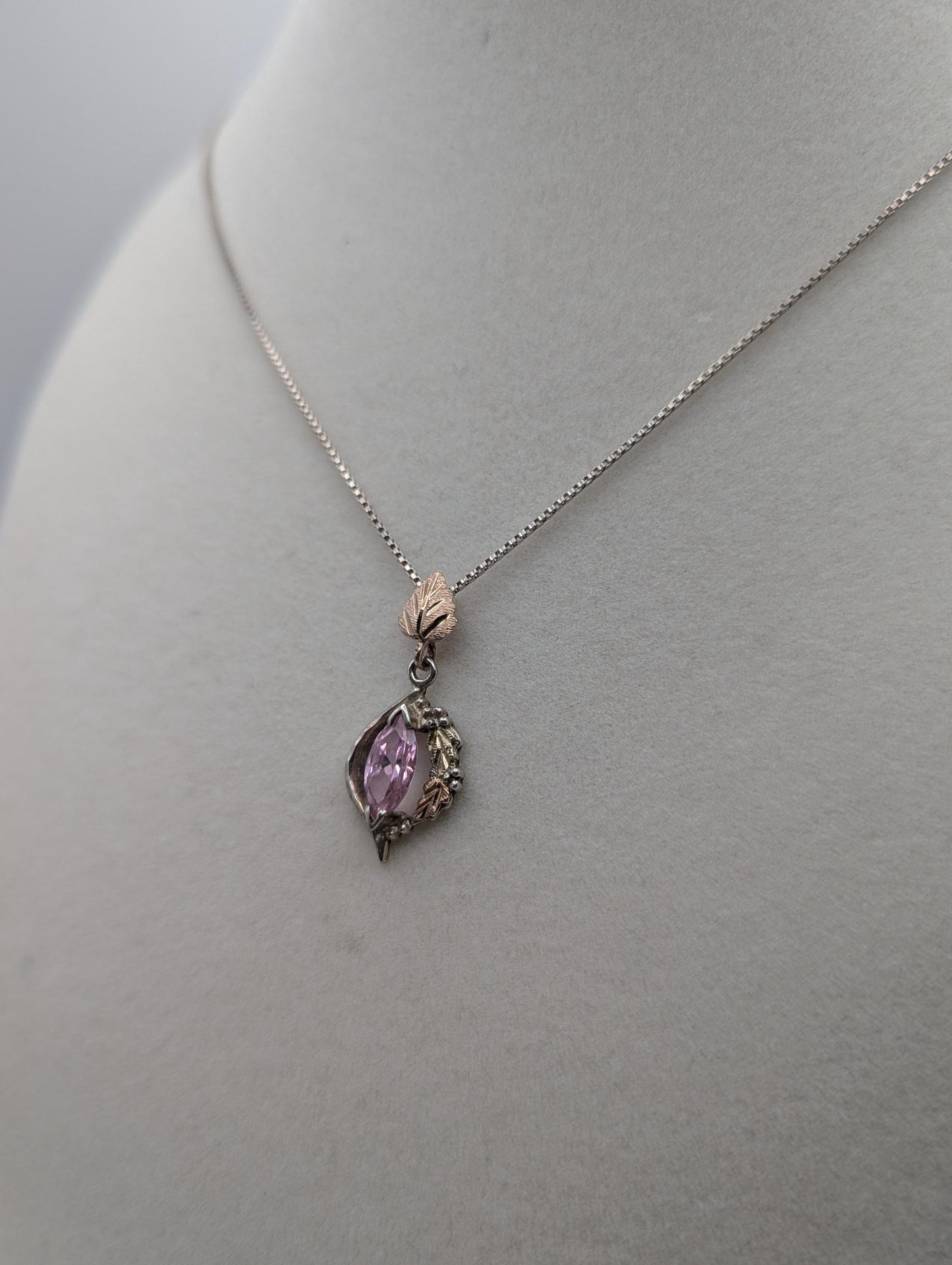 10k 12k Black Hills Gold Sterling Silver Pink Topaz w Gold Vine Pendant Necklace Chain