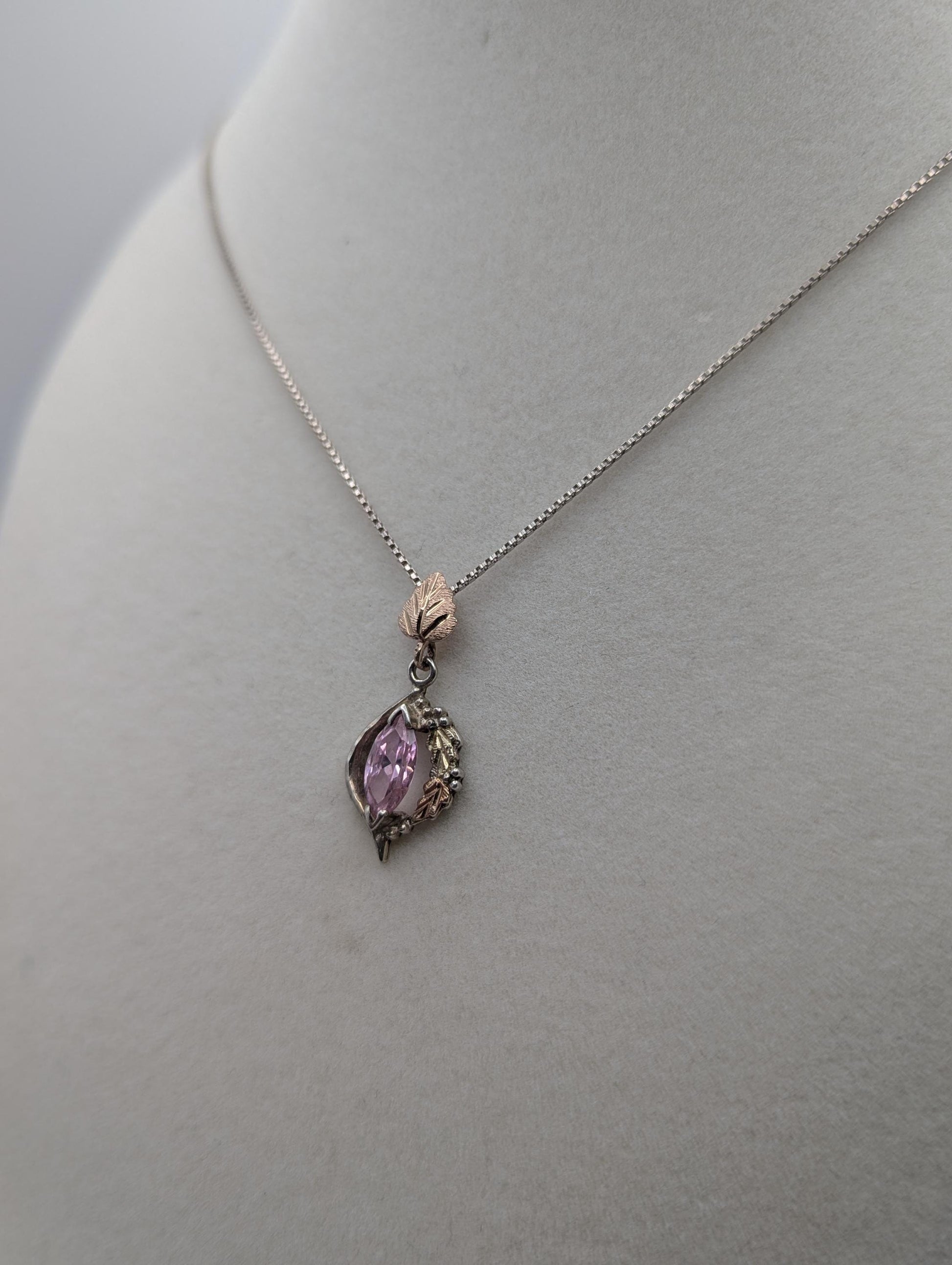 10k 12k Black Hills Gold Sterling Silver Pink Topaz w Gold Vine Pendant Necklace Chain