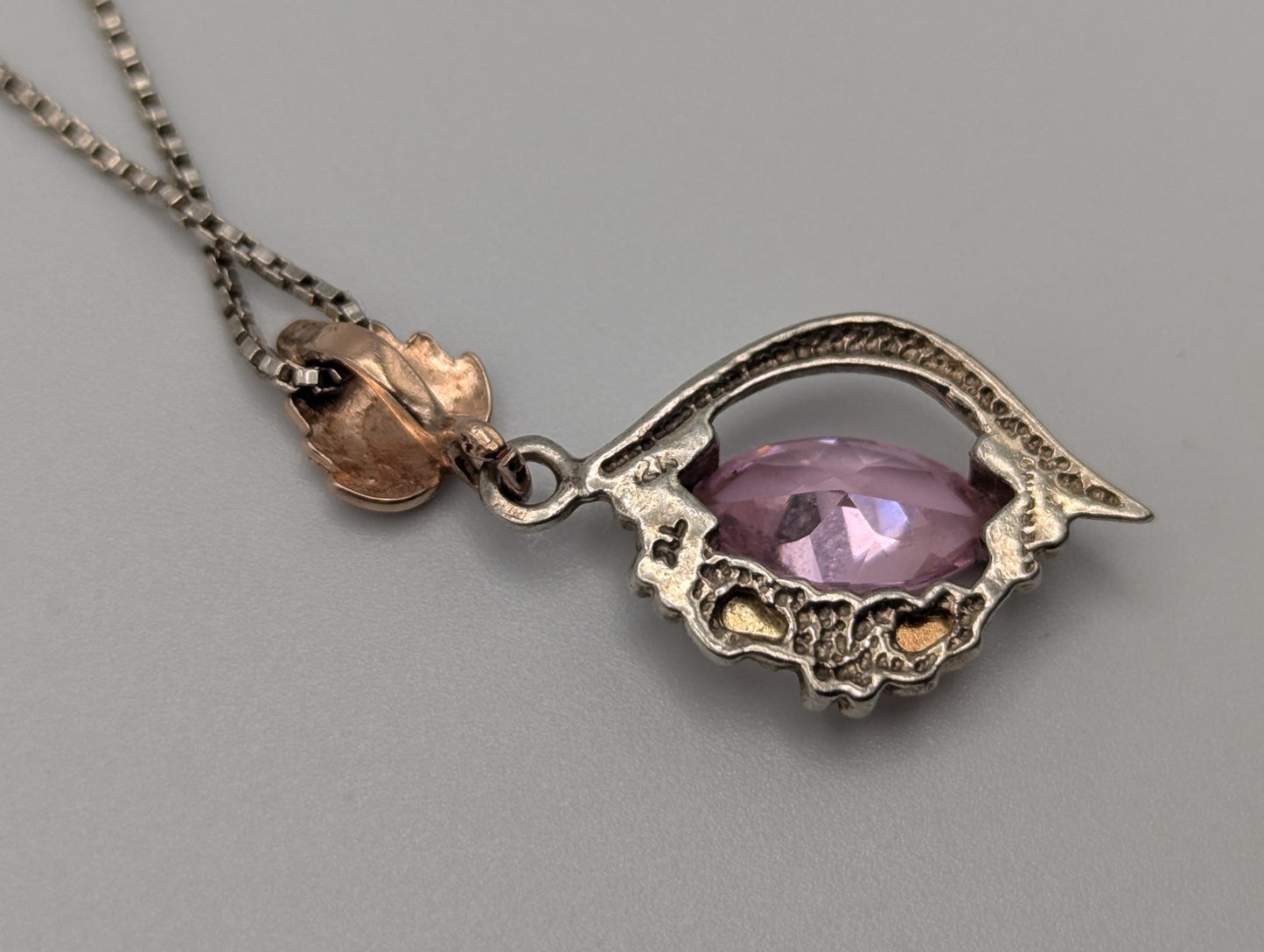 10k 12k Black Hills Gold Sterling Silver Pink Topaz w Gold Vine Pendant Necklace Chain