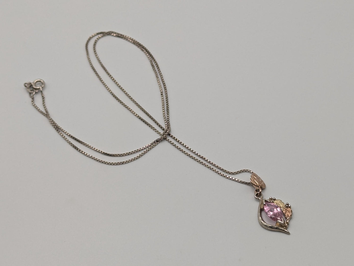 10k 12k Black Hills Gold Sterling Silver Pink Topaz w Gold Vine Pendant Necklace Chain