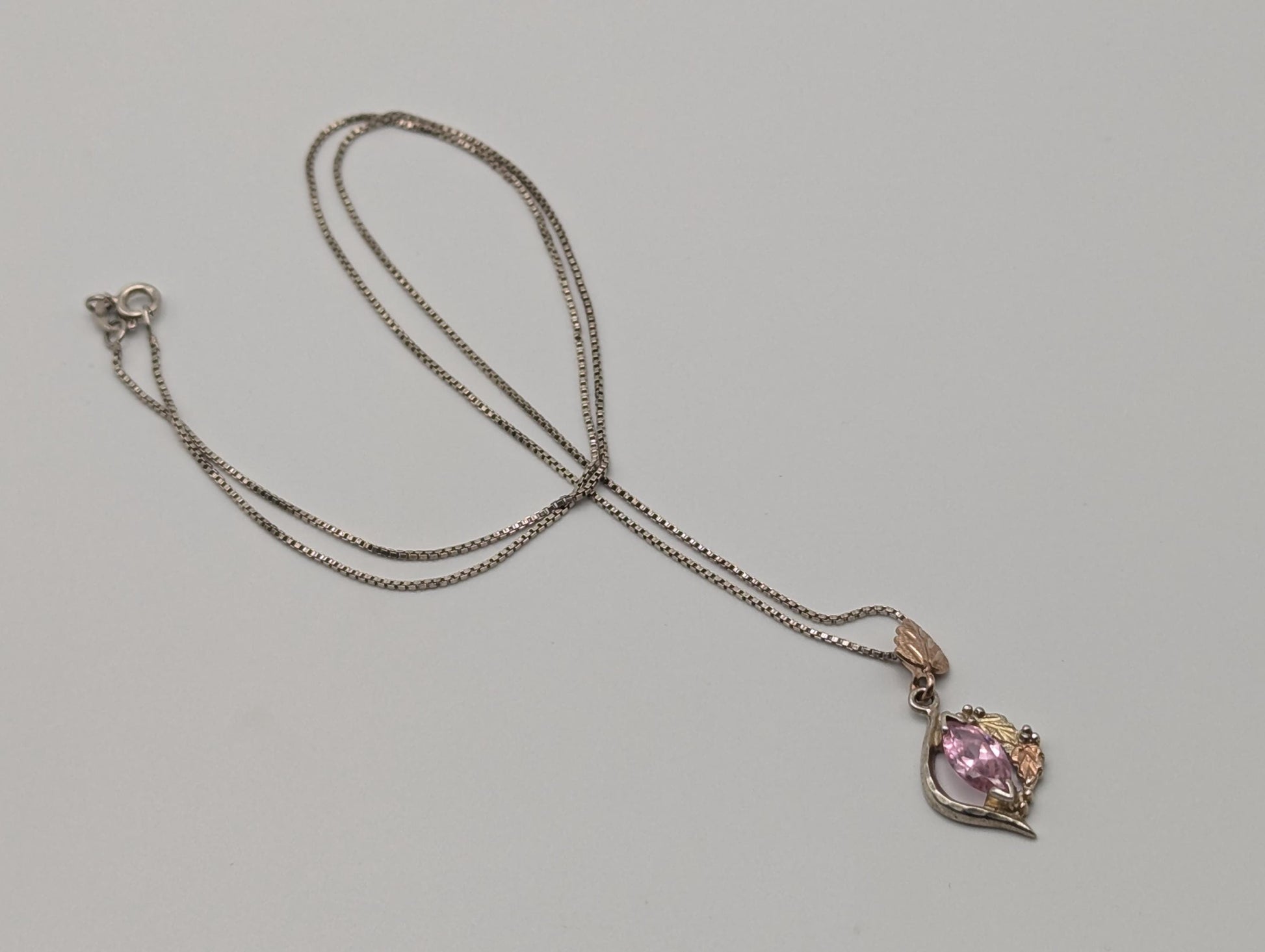 10k 12k Black Hills Gold Sterling Silver Pink Topaz w Gold Vine Pendant Necklace Chain