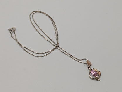 10k 12k Black Hills Gold Sterling Silver Pink Topaz w Gold Vine Pendant Necklace Chain