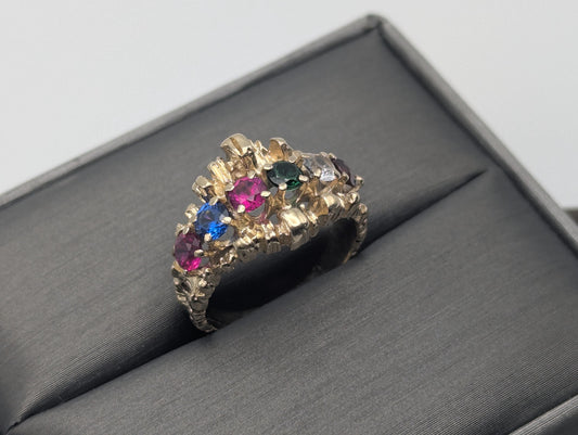 14k Gold Vintage Mothers Nugget Ring Multi-Gem Cluster Band Diamond Ruby Sapphire emerald Garnet