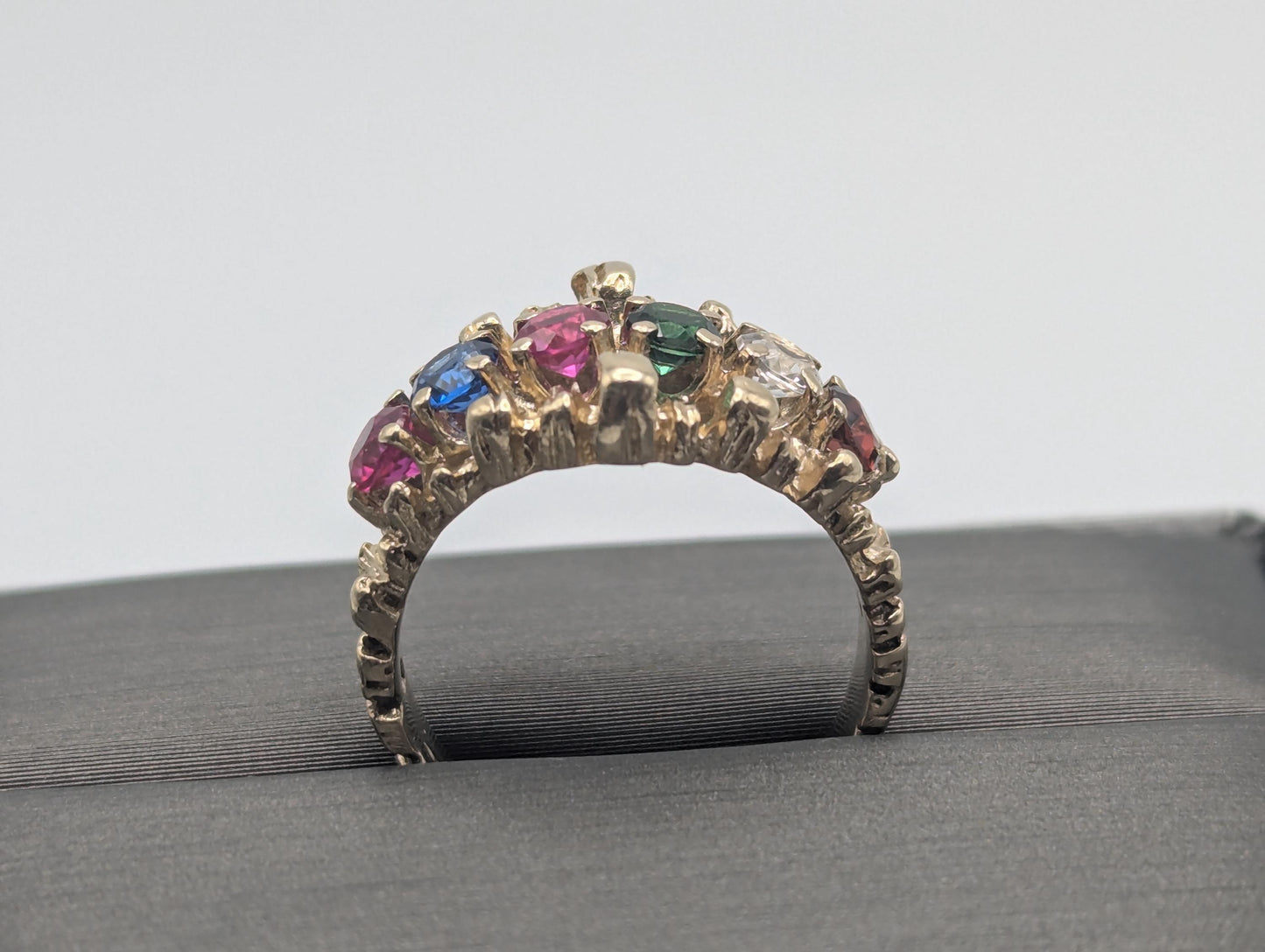 14k Gold Vintage Mothers Nugget Ring Multi-Gem Cluster Band Diamond Ruby Sapphire emerald Garnet