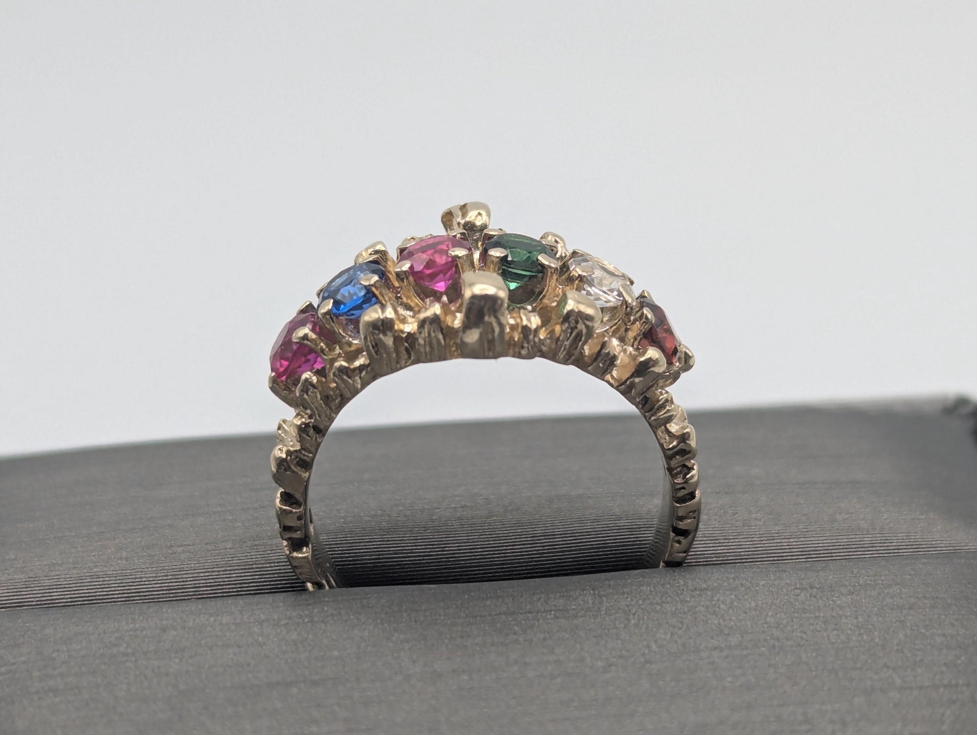 14k Gold Vintage Mothers Nugget Ring Multi-Gem Cluster Band Diamond Ruby Sapphire emerald Garnet