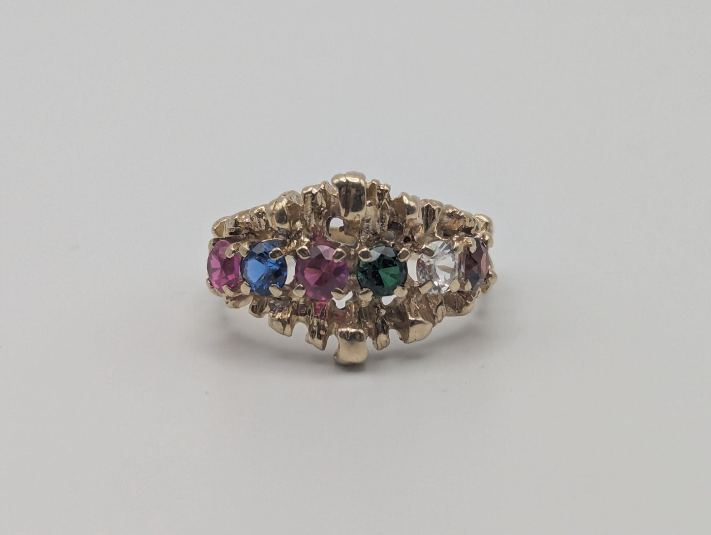 14k Gold Vintage Mothers Nugget Ring Multi-Gem Cluster Band Diamond Ruby Sapphire emerald Garnet