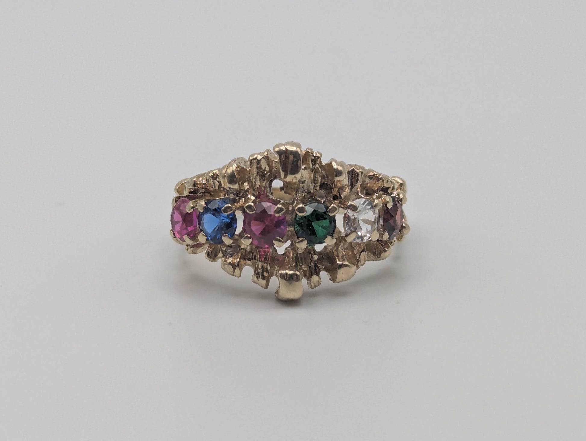 14k Gold Vintage Mothers Nugget Ring Multi-Gem Cluster Band Diamond Ruby Sapphire emerald Garnet