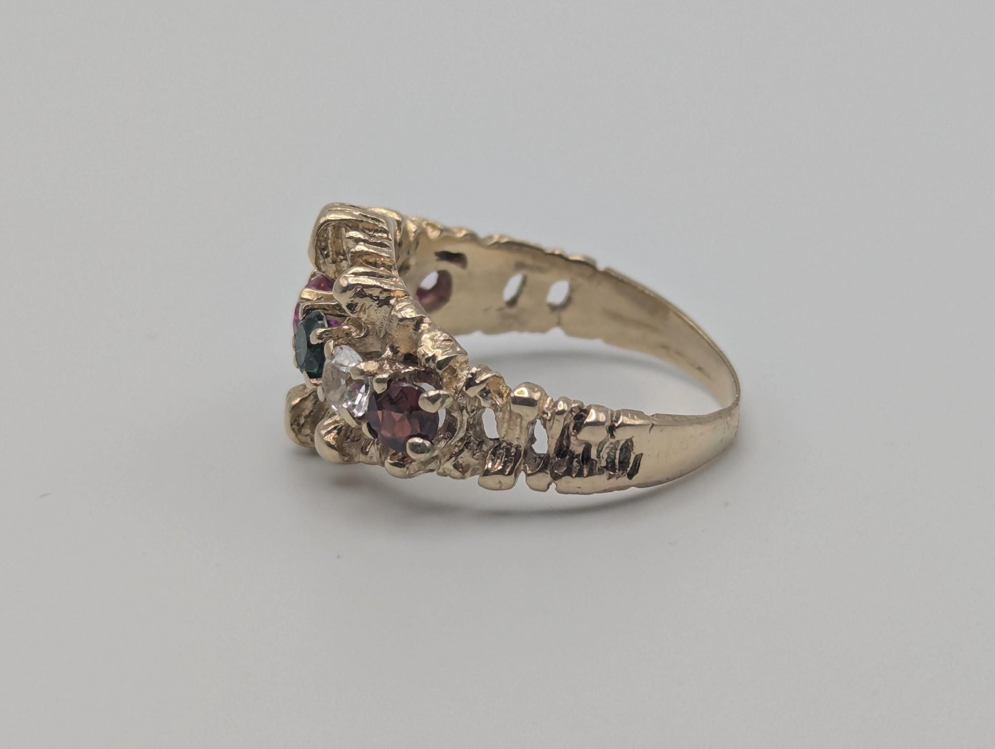 14k Gold Vintage Mothers Nugget Ring Multi-Gem Cluster Band Diamond Ruby Sapphire emerald Garnet