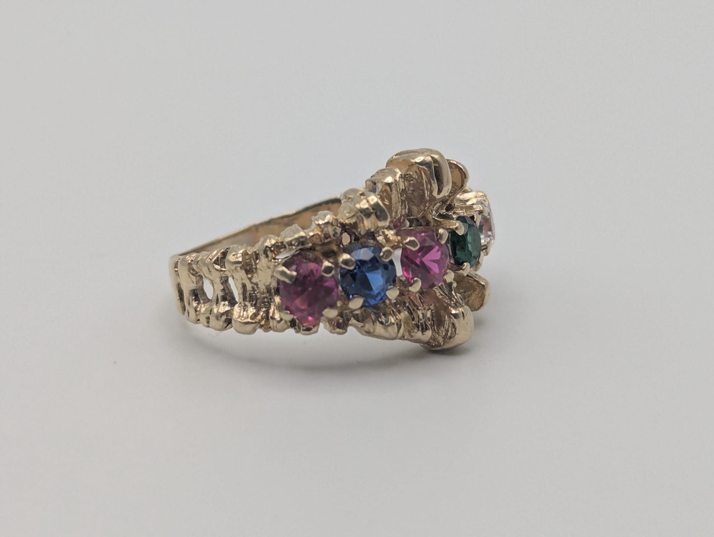 14k Gold Vintage Mothers Nugget Ring Multi-Gem Cluster Band Diamond Ruby Sapphire emerald Garnet