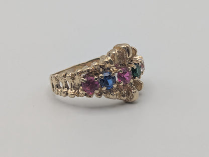 14k Gold Vintage Mothers Nugget Ring Multi-Gem Cluster Band Diamond Ruby Sapphire emerald Garnet