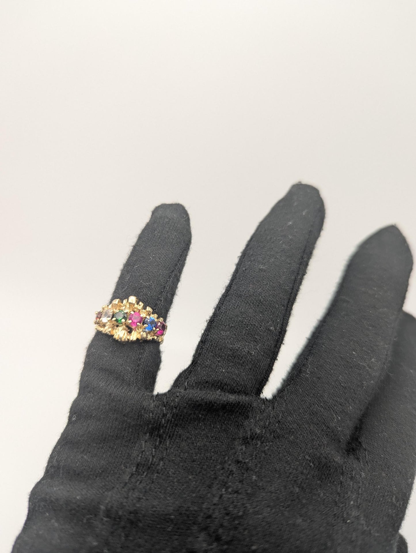 14k Gold Vintage Mothers Nugget Ring Multi-Gem Cluster Band Diamond Ruby Sapphire emerald Garnet