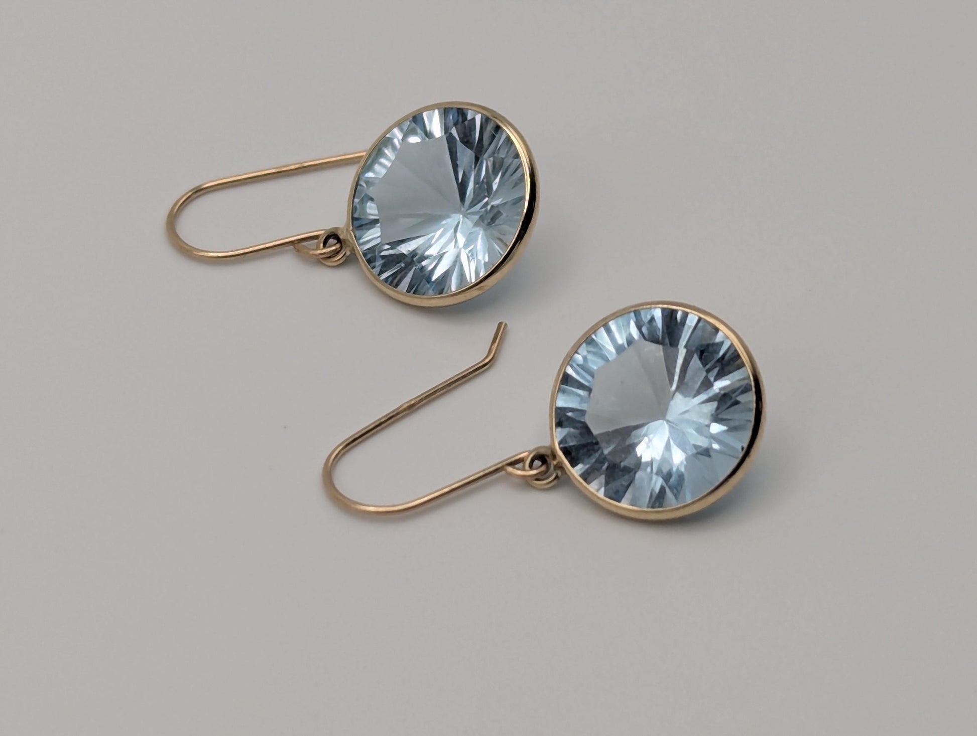 10K APPRAISED! Gold London Blue Topaz Drop Dangle Earrings Round Bezel Set Topaz Earrings
