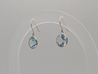 10K APPRAISED! Gold London Blue Topaz Drop Dangle Earrings Round Bezel Set Topaz Earrings