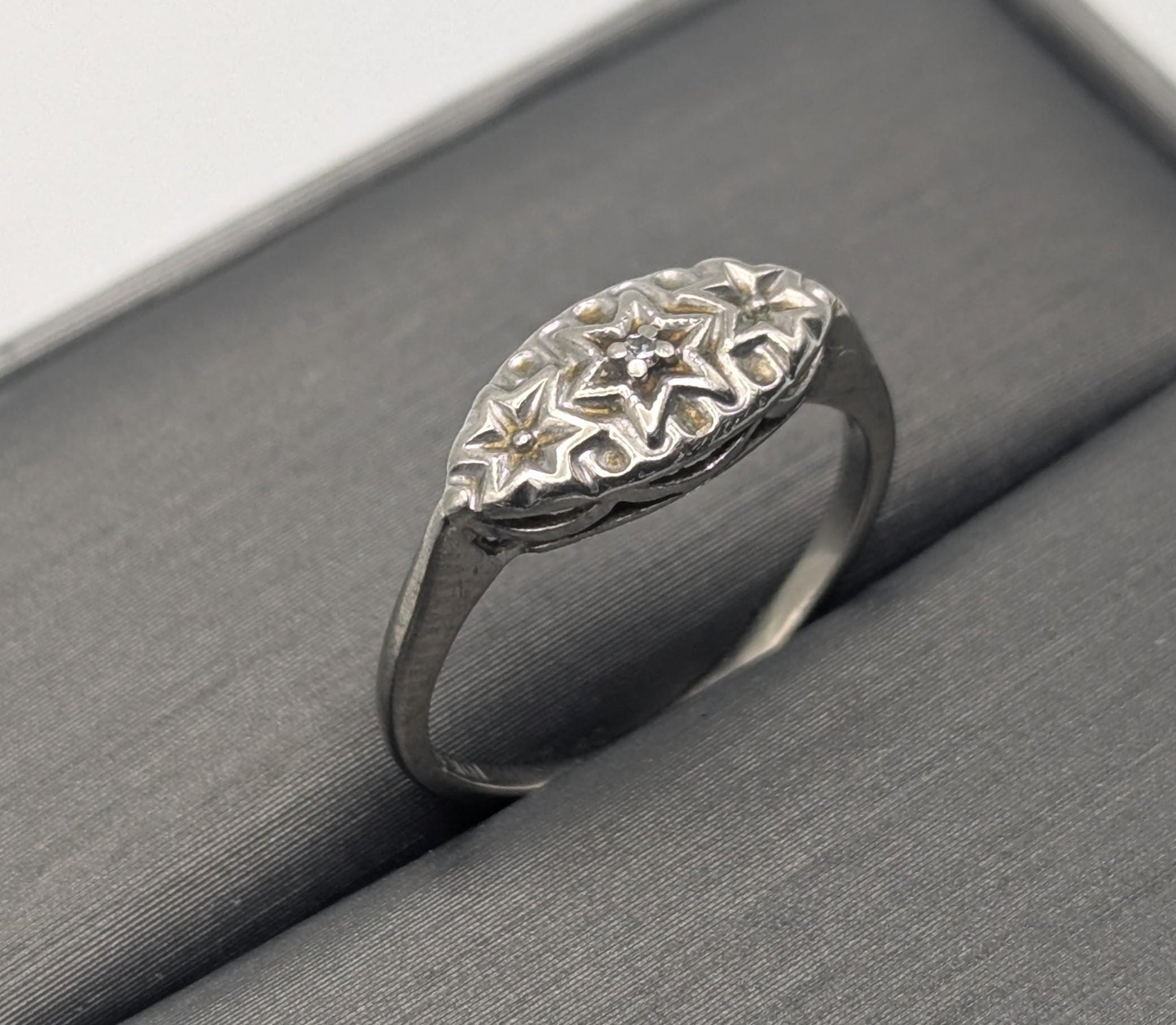 Art Deco 14k White Gold Star Design Diamond Ring Vintage Star Ring.