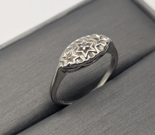 Art Deco 14k White Gold Star Design Diamond Ring Vintage Star Ring.