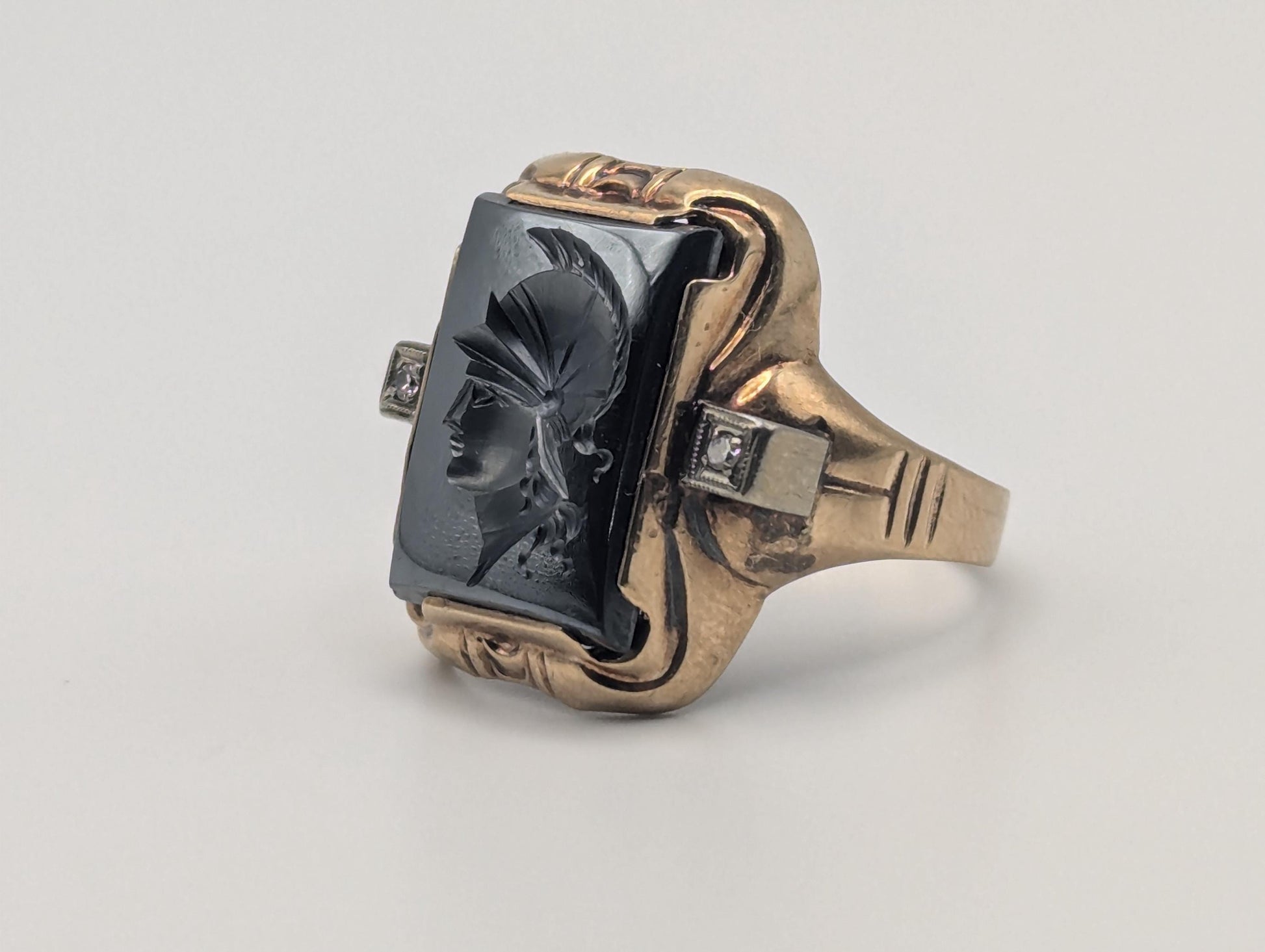 Antique 10k Gold Diamond Mens Carved Hematite Roman Warrior Intaglio Cameo Ring Signet Ring