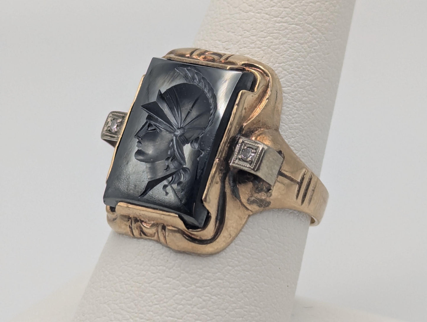 Antique 10k Gold Diamond Mens Carved Hematite Roman Warrior Intaglio Cameo Ring Signet Ring