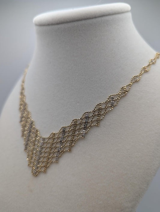 10k Gold White Yellow Mesh Bead Necklace 17.5 " Accent Bib Chain