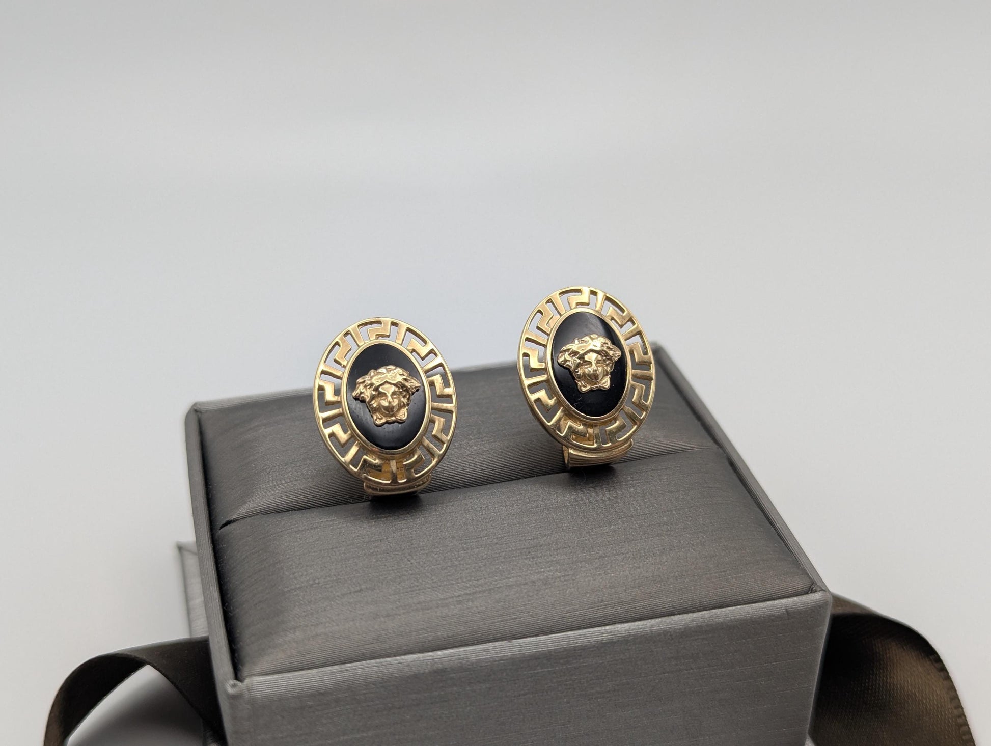 10k Vintage Versace Medusa Gold w Onyx Men's Cuff Links Greek Key