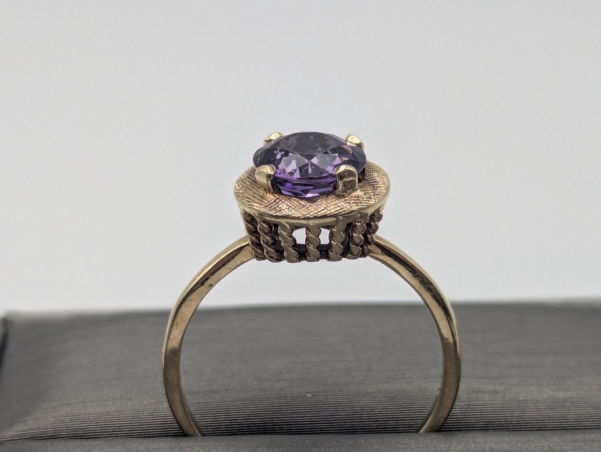Antique 14k Gold Solitaire Purple Amethyst Stone Ring Victorian Cocktail Statement