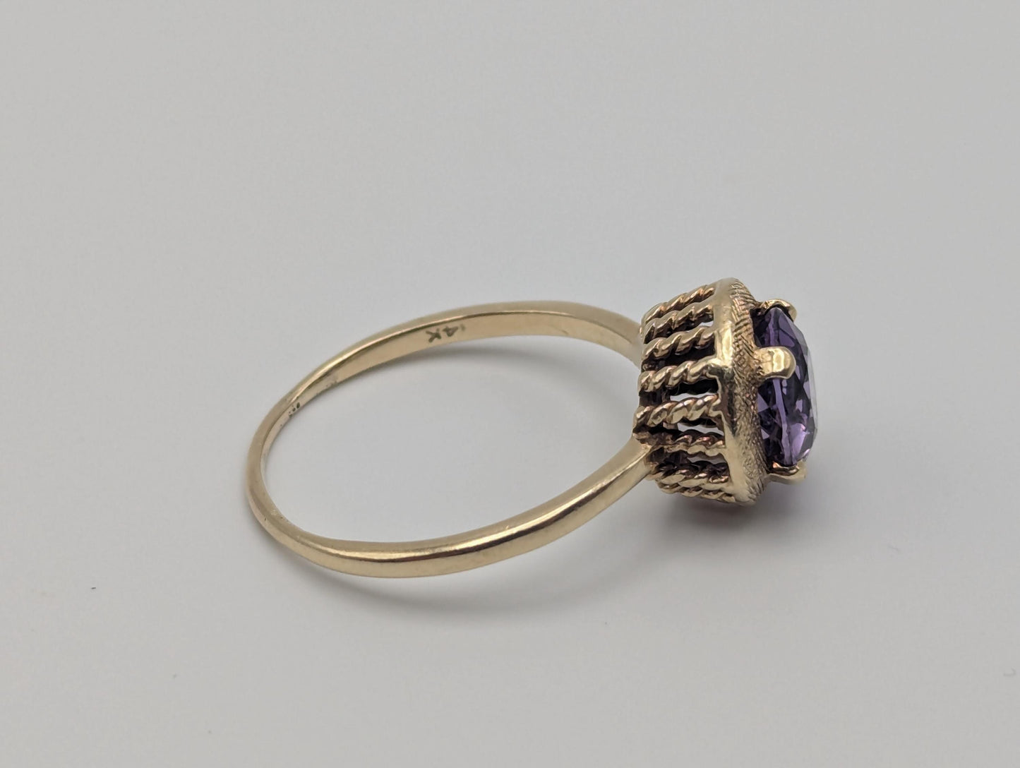 Antique 14k Gold Solitaire Purple Amethyst Stone Ring Victorian Cocktail Statement