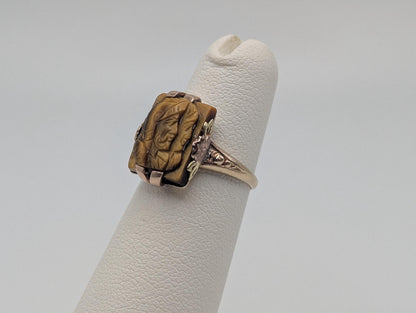 Antique 10k Gold Tiger Eye Hematite Roman Warrior Intaglio Cameo Ring Signet Soldier Carved Victorian