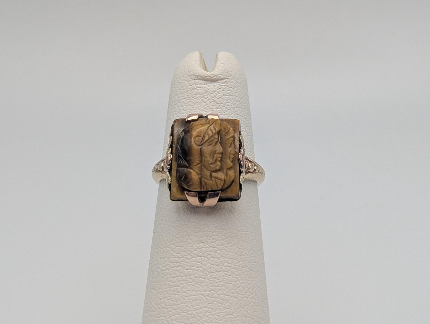 Antique 10k Gold Tiger Eye Hematite Roman Warrior Intaglio Cameo Ring Signet Soldier Carved Victorian