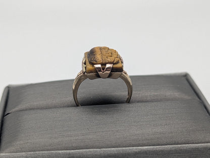 Antique 10k Gold Tiger Eye Hematite Roman Warrior Intaglio Cameo Ring Signet Soldier Carved Victorian