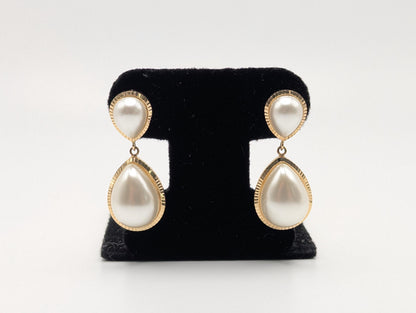 14k Yellow Gold Pear Mabe Pearl Dangle Earrings Pearl Tear Drop Earrings.