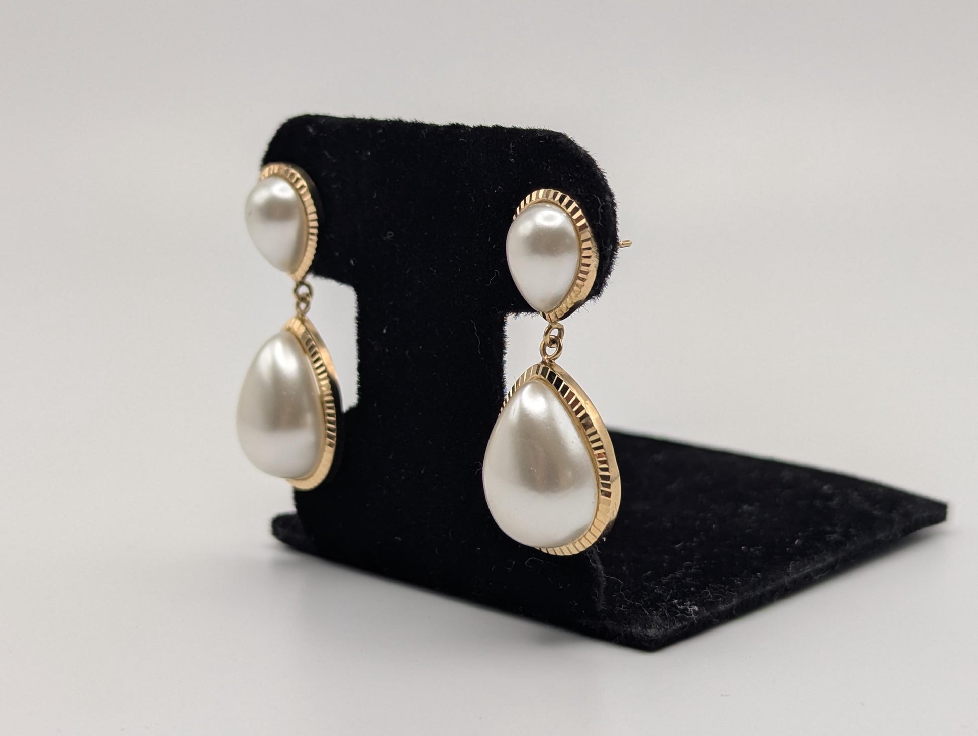 14k Yellow Gold Pear Mabe Pearl Dangle Earrings Pearl Tear Drop Earrings.
