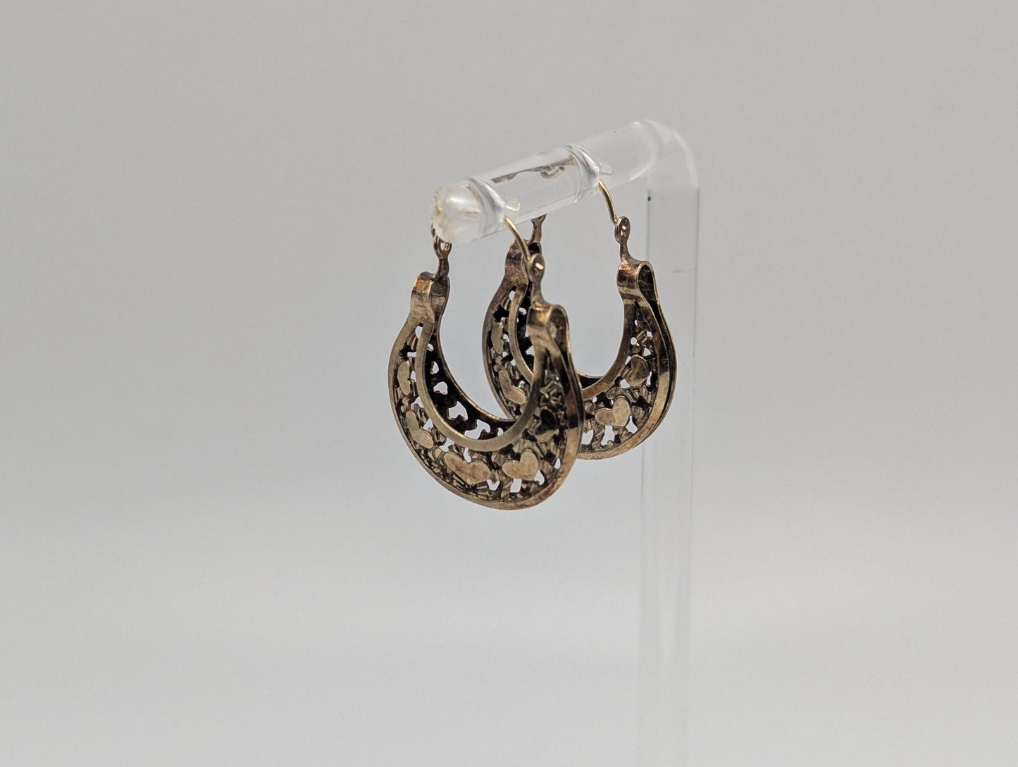 14k Yellow Gold Filigree Heart Love Hoop Earrings Gold Basket Earrings