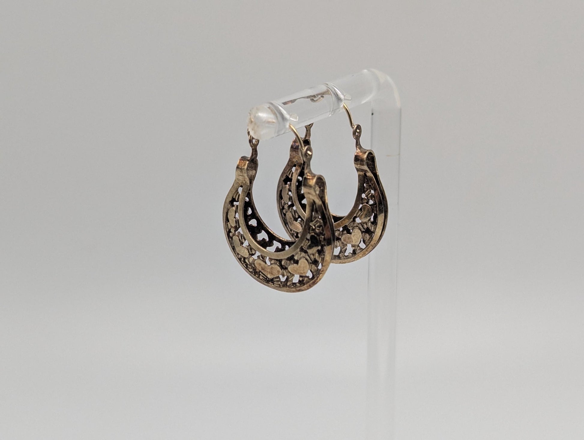 14k Yellow Gold Filigree Heart Love Hoop Earrings Gold Basket Earrings