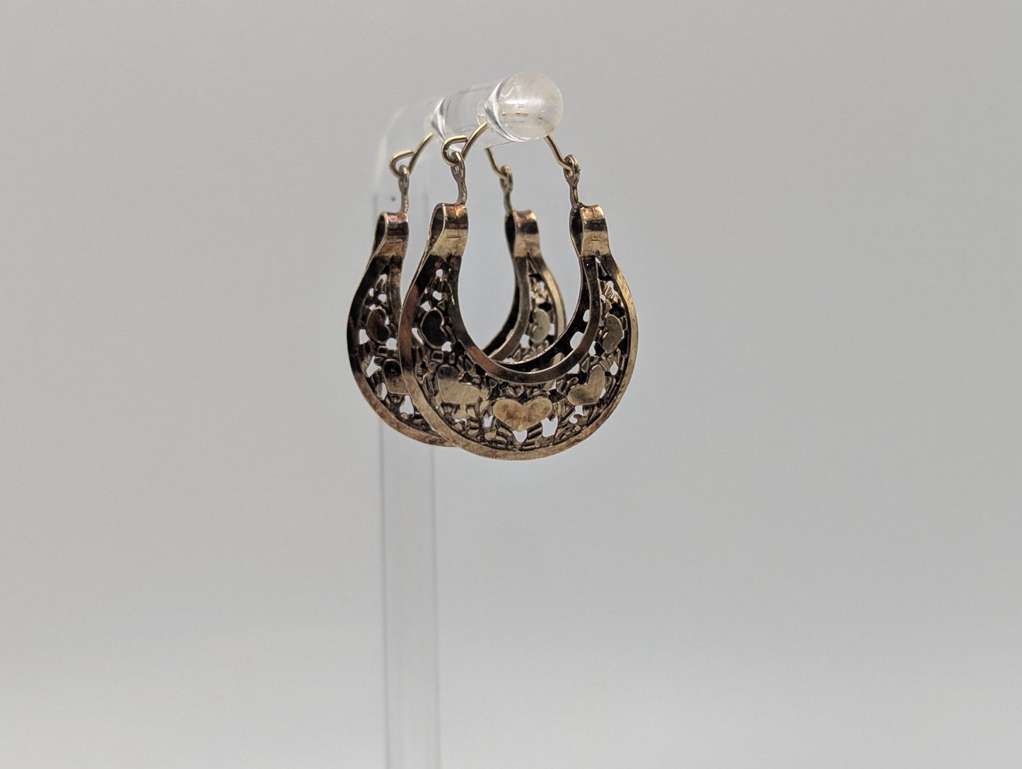 14k Yellow Gold Filigree Heart Love Hoop Earrings Gold Basket Earrings