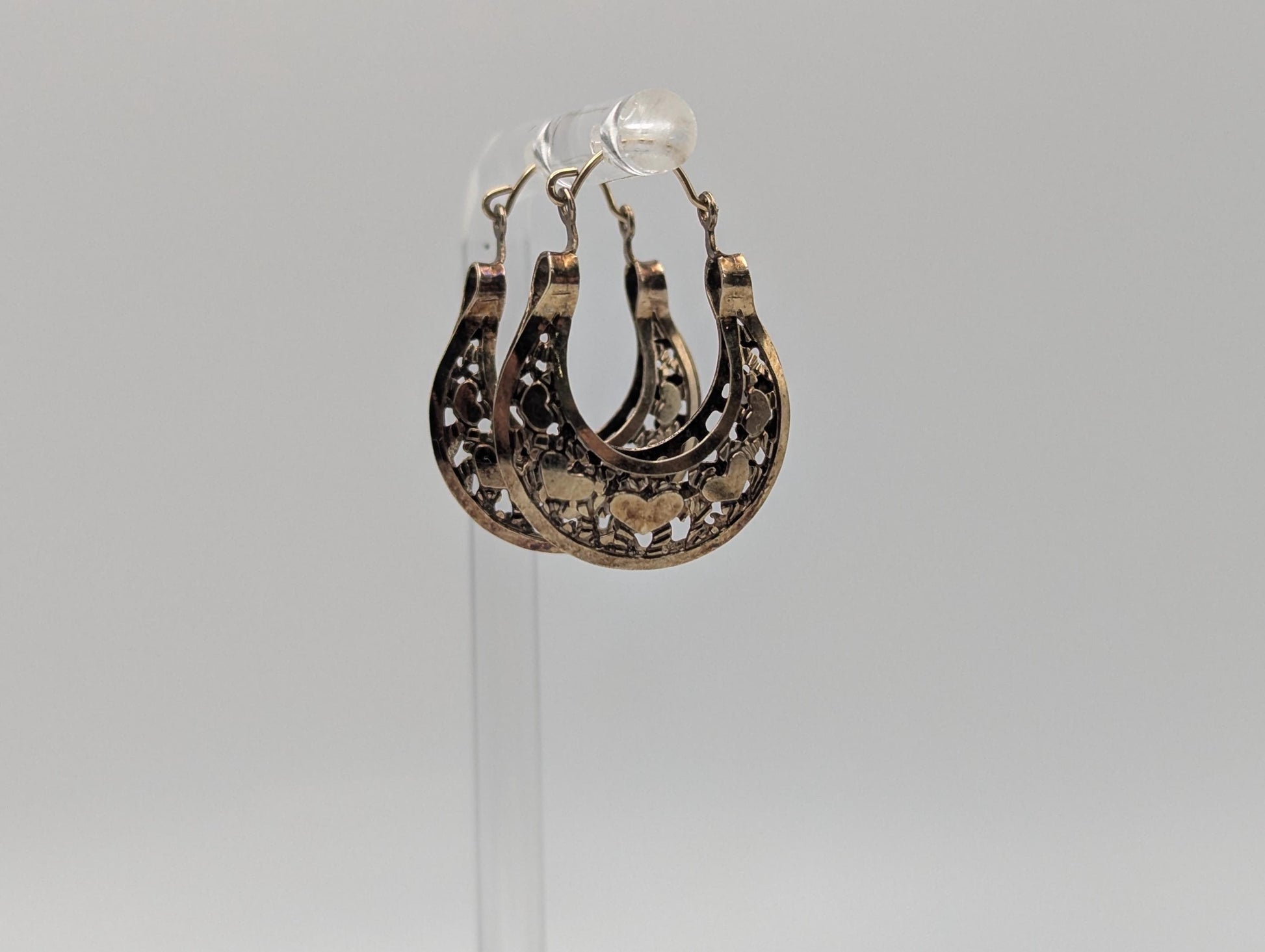 14k Yellow Gold Filigree Heart Love Hoop Earrings Gold Basket Earrings