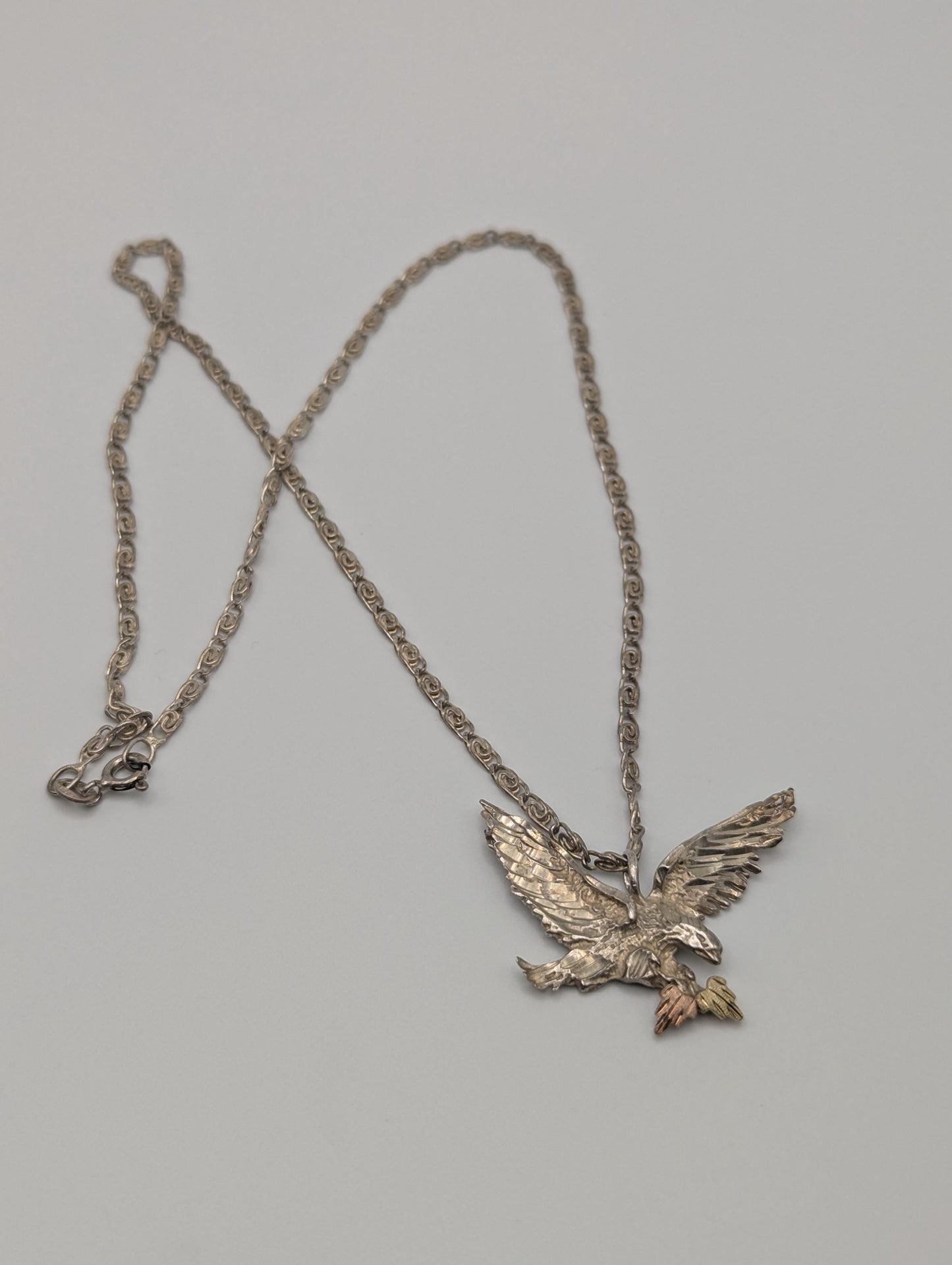 10k 12k Black Hills Gold Leaf & Sterling Silver Eagle Pendant Necklace Silver Chain Pendant 18"