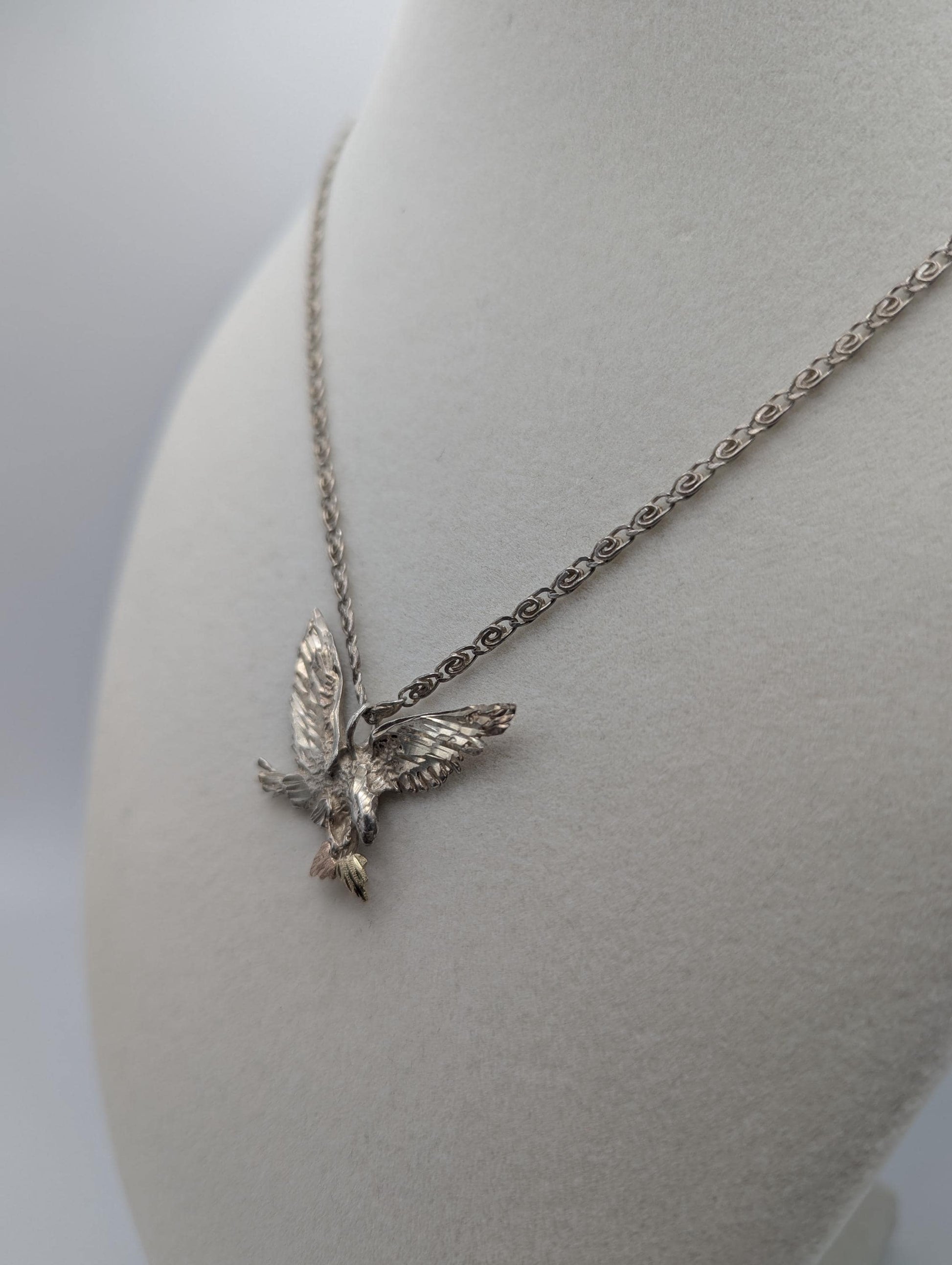 10k 12k Black Hills Gold Leaf & Sterling Silver Eagle Pendant Necklace Silver Chain Pendant 18"