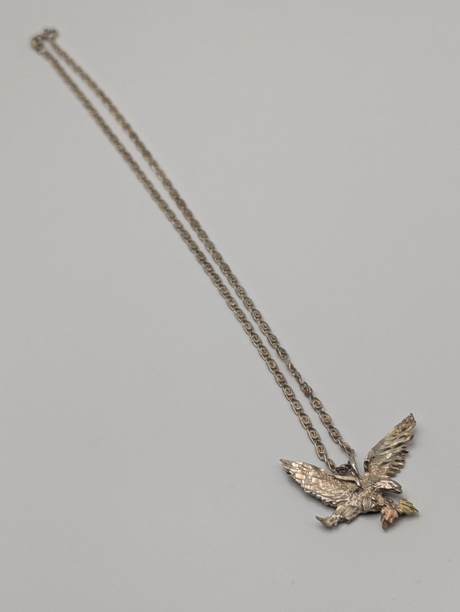 10k 12k Black Hills Gold Leaf & Sterling Silver Eagle Pendant Necklace Silver Chain Pendant 18"