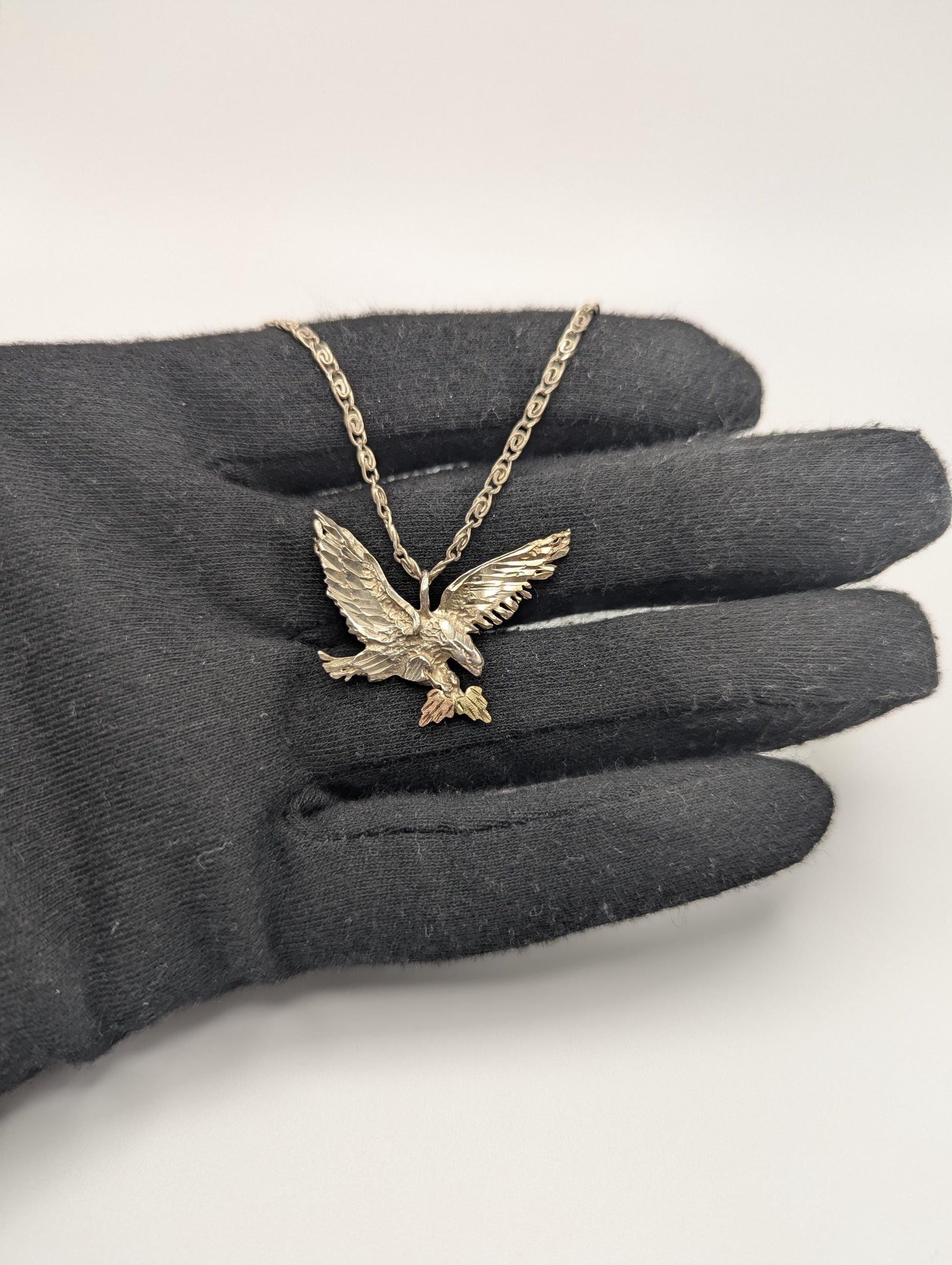 10k 12k Black Hills Gold Leaf & Sterling Silver Eagle Pendant Necklace Silver Chain Pendant 18"